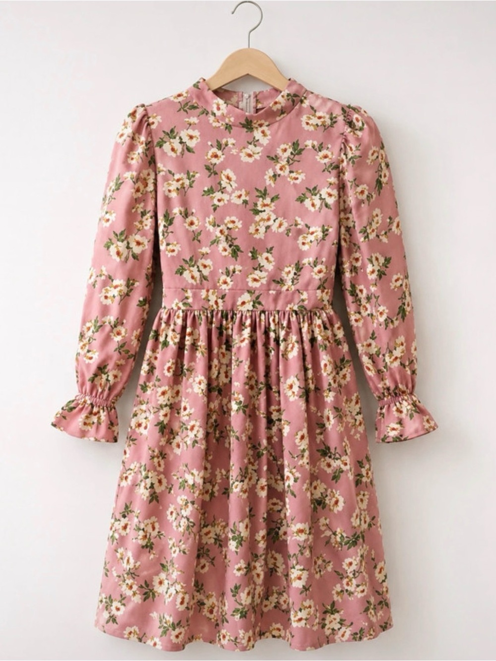 Pink Floral Long Sleeve A-Line Dress